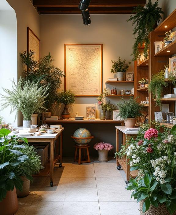 Interno del negozio Cartolina Botanica con fiori freschi e decorazioni cartografiche.