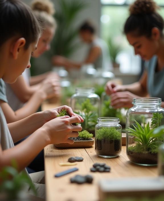 Persone che partecipano a un laboratorio di terrari.